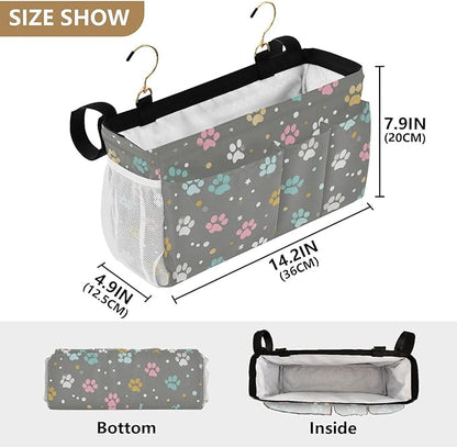 CuwrYet Bedside Caddy Hanging Bunk Bed Caddy Bed Organizer Hanging Pocket with 2 Hooks Bedside Storage Organizer Pocket Bag Holder Paw Print Dots Stars Grey