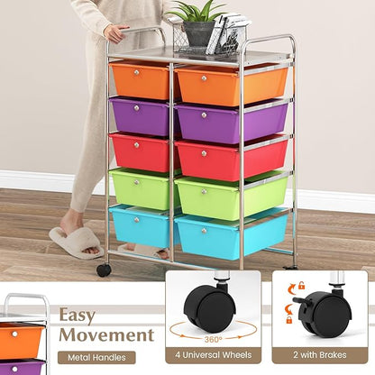 GOFLAME 10-Drawer Rolling Storage Cart, Art Craft Storage Organizer on Wheels, Multipurpose Movable Utility Cart for School, Office and Home, Multicolor
