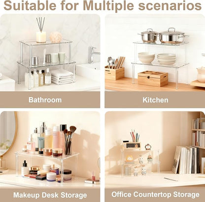 Clear Kitchen Cabinet Organizer, Set of 4 Acrylic Shelves Organizer for Pantry Organizers and Storage, Tiered Spice Organization for Cabinet, Stackable Cabinet Organizer Shelf for Desk Countertop