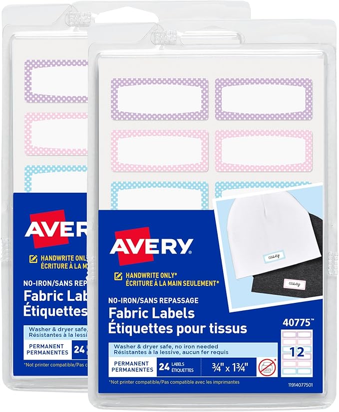 Avery No-Iron Fabric Name Labels, Soft Pastels Preprinted Designs, Handwrite-Only, 2-Pack, 48 Preprinted Labels (22282)