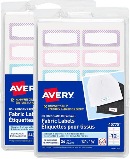 Avery No-Iron Fabric Name Labels, Soft Pastels Preprinted Designs, Handwrite-Only, 2-Pack, 48 Preprinted Labels (22282)