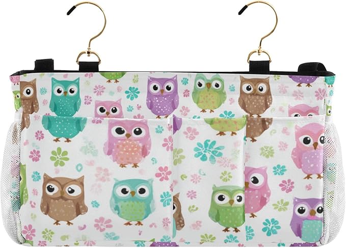 CuwrYet Bedside Caddy Hanging Bunk Bed Caddy Bed Organizer Hanging Pocket with 2 Hooks Bedside Storage Organizer Pocket Bag Holder Colorful Owls and Flowers