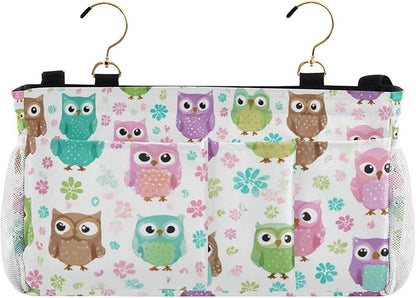 CuwrYet Bedside Caddy Hanging Bunk Bed Caddy Bed Organizer Hanging Pocket with 2 Hooks Bedside Storage Organizer Pocket Bag Holder Colorful Owls and Flowers