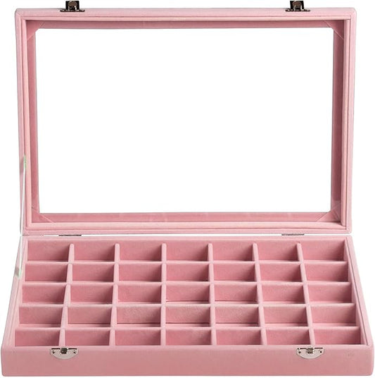 Frebeauty Velvet Jewelry Tray,35 Grid Jewelry Organizer with Clear Lid,Earring Holder Organizer Case with Clasp,Drawer Insert for Rings Studs,13.8 x 9.5 x 2 Inches,Gift for Women Girls(Pink)