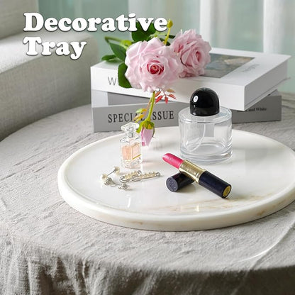 11.8inch Round Marble Serving Tray for Kitchen and Coffee Table, Bathroom Vanity Tray for Counter, White Decorative Catchall Tray for Jewelry, Namib Fantasy