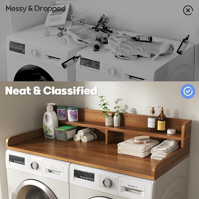 2-Tier Washer and Dryer Countertop with 2.75" H Guard,54" W x 27.5" D Laundry Countertop Cover with Non-Slip Pad,Large Space Laundry Topper for Folding Clothes Over Washer and Dryer-Brown