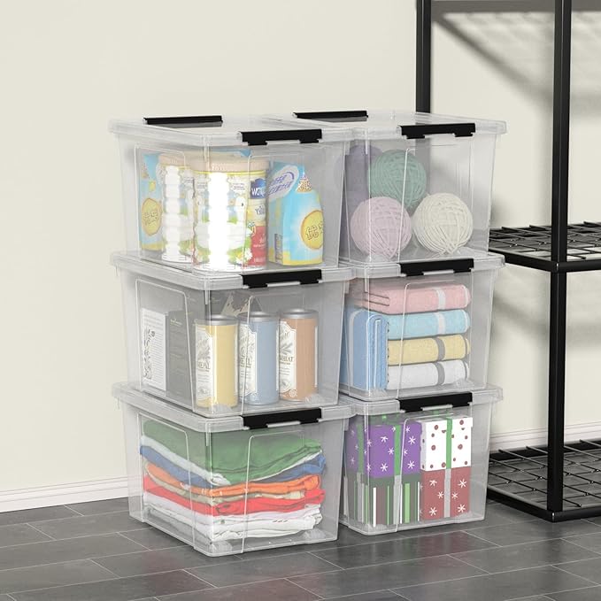Tyminin 6-Pack Storage Box, 22 Quart Stackable Plastic Bins with Snap-On Lids, Clear