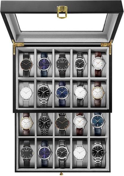 Uten 20 Wooden Watch Storage Box 2 Layers Organizer Collection Jewelry with Glass Lid