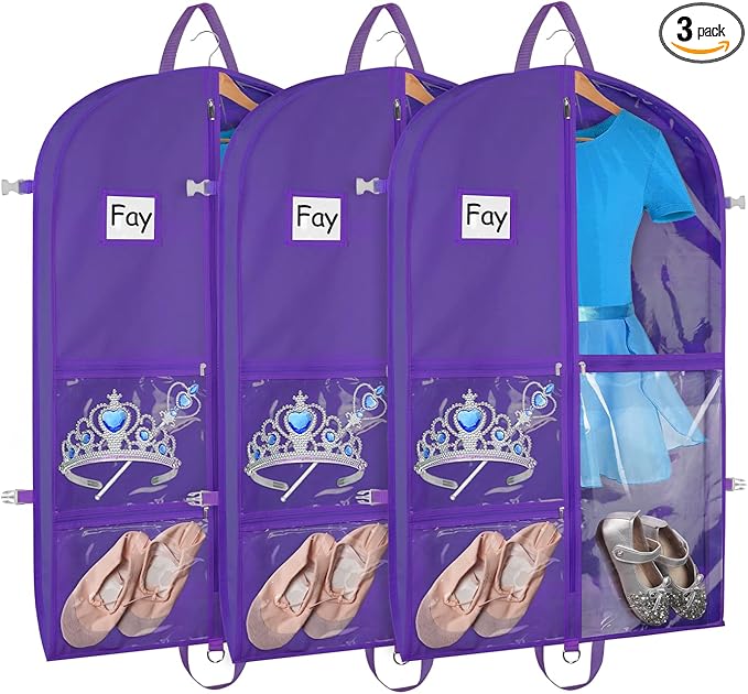 Zilink Clear Dance Costume Garment Bag for Dancers 40" Garment Bag for Dance Competitions with 5 Clear Zipper Pockets and Handles for Dance Competition Closet Storage, Purple, 3 Pack