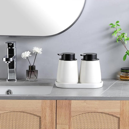 Eyrozia White Round Soap Dispenser Tray - 8'' Ceramic Vanity Tray for Bathroom Decorative, Jewelry Ring Dish, Comestic Holder, Kitchen Sink Countertop Organizer Plate
