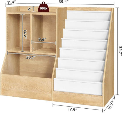 39.4" Kids Bookshelf and Toy Storage, 7 Layer Kids Book Sling Shelf, Toddler Bookshelf, Kids Bookcase, Toy Organizer Cabinet, Large, for Playroom, Bedroom, Nursery, Natural BKNW7301