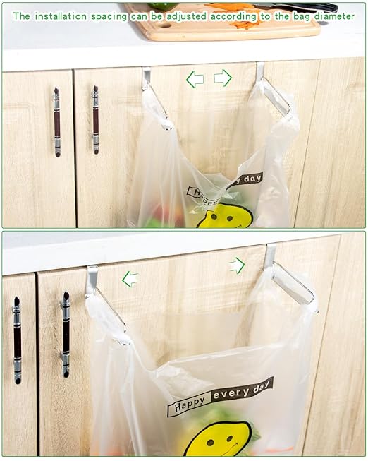 YQh Stainless Steel Cabinet Door Trash Bag Holder for Kitchen Cabinet Door and Drawer, Cabinet Door Hook Adjustable Spacing, Suitable for Plastic Bags with Handles Food Bags