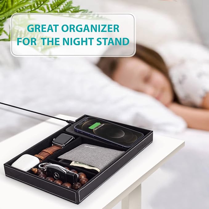 Valet Tray with Wireless Charger, Faux Leather Nightstand Organizer, Catch-All Tray for Entryway Table Key, Wallet, Watch, Coin Change, Phone (Black)