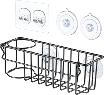 3-In-1 Sponge Holder for Kitchen Sink, 2 Type Suspension Options (Suction Cups & Adhesive Hook), Hanging Sink Caddy Organizer Rack - Sponge, Dish Cloth, Brush, Scrubber, 304 Stainless Steel - Black