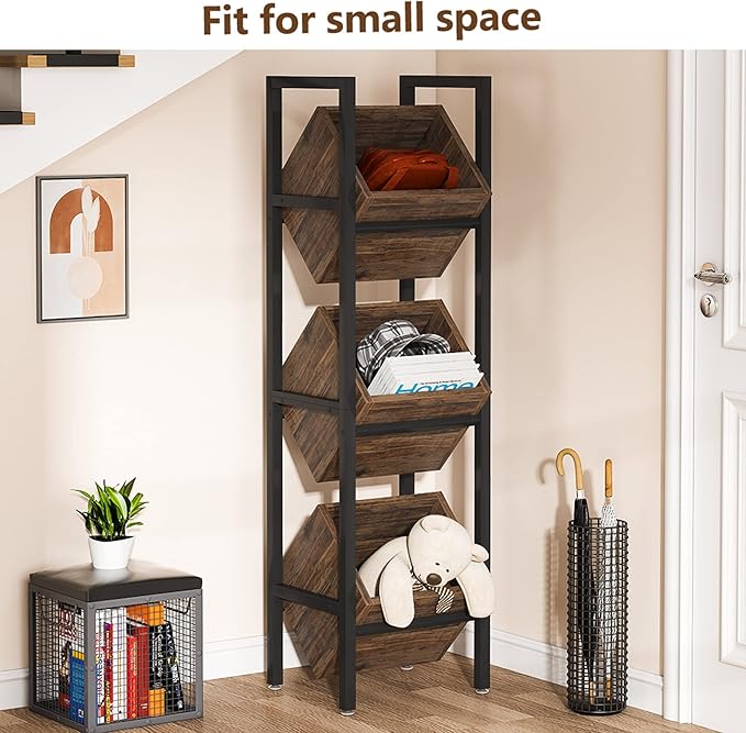 LITTLE TREE 3-Tier Basket Stand, Wooden Floor Stand Shelving Unit, Rustic Standing Organizer Storage Rack for Kitchen, Bathroom, Living Room