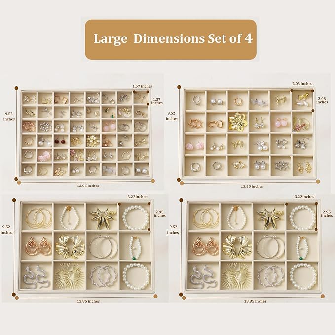 KATISYIO Large Jewelry Drawer Organizer Trays Set of 4, Stackable Velvet Jewelry Trays Organizer Holder Display Storage Showcase for Earring Necklace Bracelet Ring Accessary (Beige, 12+12+24+48 Grids)