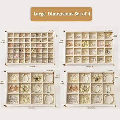 KATISYIO Large Jewelry Drawer Organizer Trays Set of 4, Stackable Velvet Jewelry Trays Organizer Holder Display Storage Showcase for Earring Necklace Bracelet Ring Accessary (Beige, 12+12+24+48 Grids)