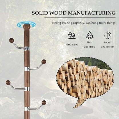 Wood Coat Rack Freestanding, Natural Coats Tree Stand with 14 Hooks, 73" Sturdy and Easy Assembly Coat Rack Stand for Entryway, Hallway, Bedroom, Bags, Hats (Metal Disc Base, Cherry Swivel Hook)
