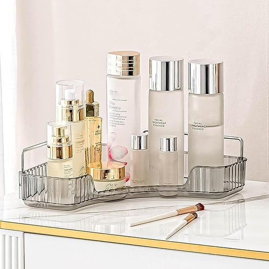 INVSSENE Corner Bathroom Countertop Organizer, Vanity Organizer Trays for Counter, Makeup Organizers, Perfume Tray, Skincare Shelf Storage Gifts for Women Girl Student (Smoky Gray 1 Tier)