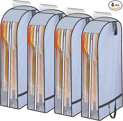 4 Pack 10" Gusseted Garment Bags for Hanging Clothes, 43" Long Suit Bags for Closet Storage with Handles Side Clear Garment Covers with Zipper for Coat, Dress, Jacket, Sweaters, Shirt, Gowns (Grey)