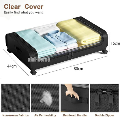 Under Bed Storage with Wheels,2 Pack Rolling Under bed Organizer Drawer with Clear Lids and Handles,UnderBed Storage Containers,Under Bed Organizer Bins for Clothes (Arc-shaped,Black)
