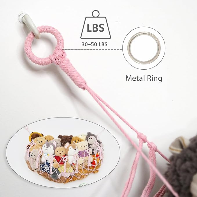 stuffed Animal Net or Hammock Macrame Toy Display Plush Toy Holder Ceiling Hanging Net for Stuffed Animal Storage -Light Pink,49"W