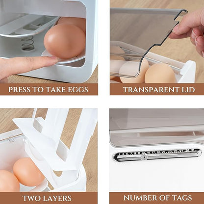 Jankings Press-Roll Egg Tray – Clear Stackable PP Egg Organizer with Auto Rolling Dispenser for Fridge & Kitchen, Portable, Shock-Proof Egg Storage