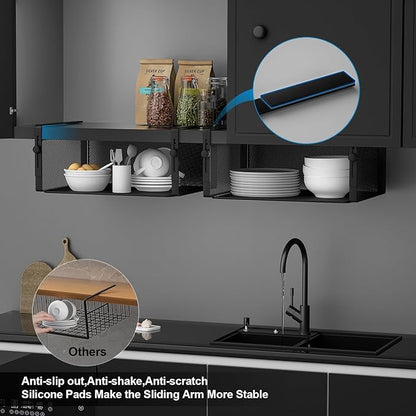 2Pack Under Shelf Basket Organizer,Adjustable Hanging Holder for Cabinet Pantry Kitchen Cupboard Desk Counter Bookshelf Organization Add-on Space Saver Heavy Duty Slide-in (Black, Large)