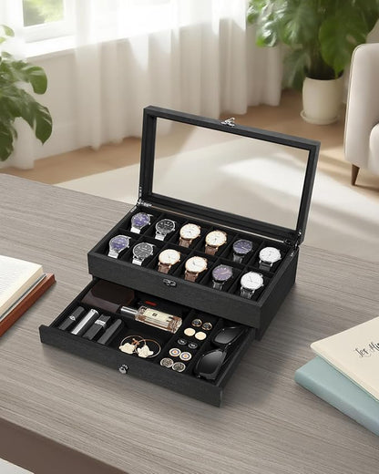Uten 12-Slot Watch Box, 2-Layers Solid Wood Watch Display Case with Glass Lid, Watch Holder Organizer with Soft Pillow and Velvet Lining, Watch and Jewelry Storage Box, Black