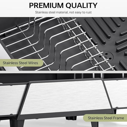 Urackify Large Dish Drying Rack - Triple Expandable Dish Rack for Kitchen Counter, Stainless Steel Sink Organization and Storage Essentials with Utensil & Pans Holder for Home and Appartment, Black