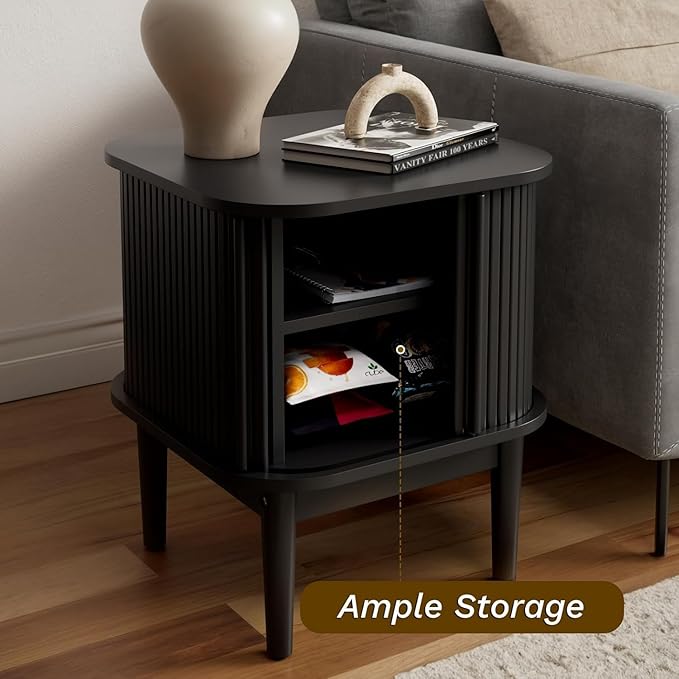 Set of 2 Fluted Nightstand with Sliding Doors, Modern Bedside Table with Solid Wood Legs, Wood Night Stand for Bedroom (Black)