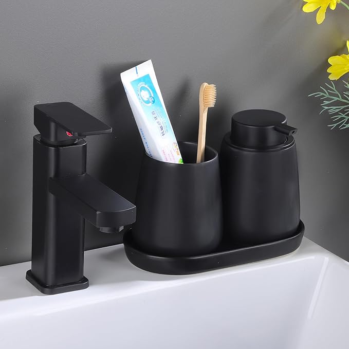 Eyrozia Matte Black Round Soap Dispenser Tray - 8'' Ceramic Vanity Tray for Bathroom Decorative, Jewelry Ring Dish, Comestic Holder, Kitchen Sink Countertop Organizer Plate