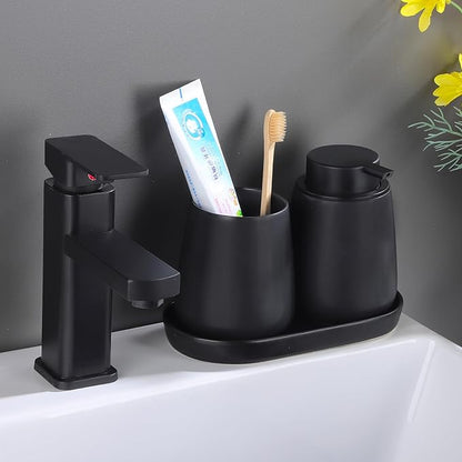 Eyrozia Matte Black Round Soap Dispenser Tray - 8'' Ceramic Vanity Tray for Bathroom Decorative, Jewelry Ring Dish, Comestic Holder, Kitchen Sink Countertop Organizer Plate