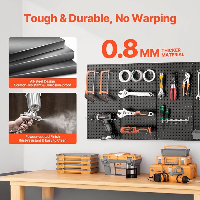 VEVOR Metal Pegboard Panels, 24" x 12" Pegboard, 4 Panels, Heavy Duty Peg Board Wall Organizer with Accessories, for Living Room Garage Tool Storage Office Organization Craft Room Kitchen Home, Black