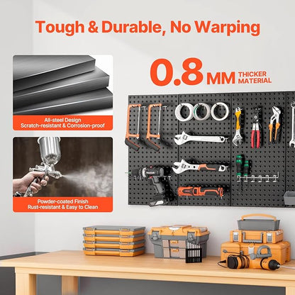 VEVOR Metal Pegboard Panels, 24" x 12" Pegboard, 4 Panels, Heavy Duty Peg Board Wall Organizer with Accessories, for Living Room Garage Tool Storage Office Organization Craft Room Kitchen Home, Black