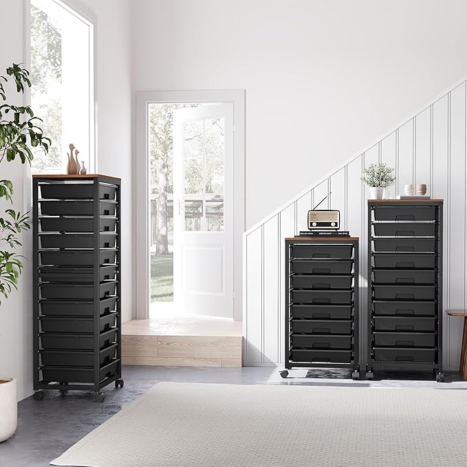 Rolling Storage Cart with Drawers,Utility Cart With 8 Drawers and Wooden Tabletop,Rolling Drawer Cart,Storage Drawer Cart for Living Room,Classroom,Bedroom,Bathroom,Dorm,Office, Black