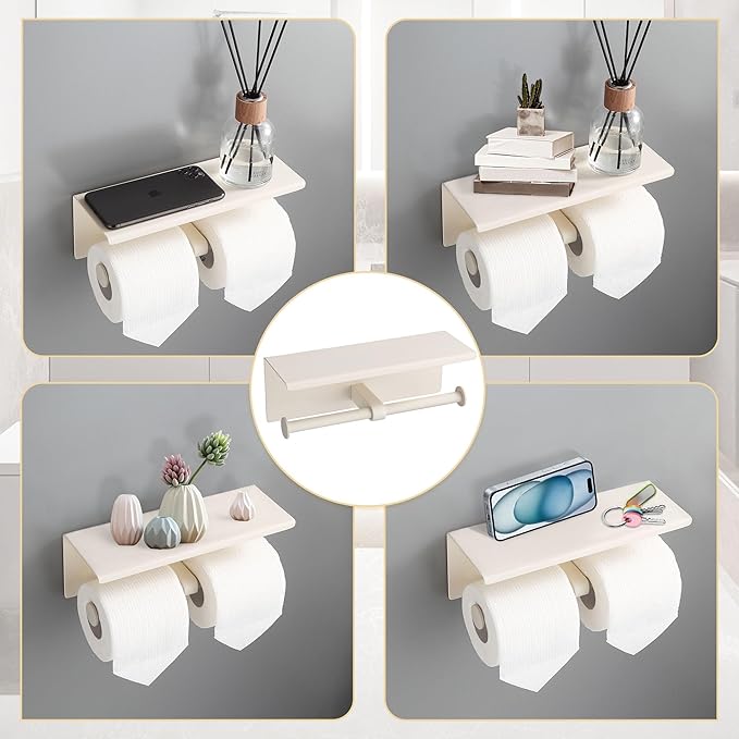 BGL Double Toilet Paper Holder with Shelf White Stainless Steel 304 Wall Mount Double Toilet Roll Holder for Bathroom