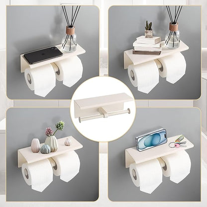 BGL Double Toilet Paper Holder with Shelf White Stainless Steel 304 Wall Mount Double Toilet Roll Holder for Bathroom