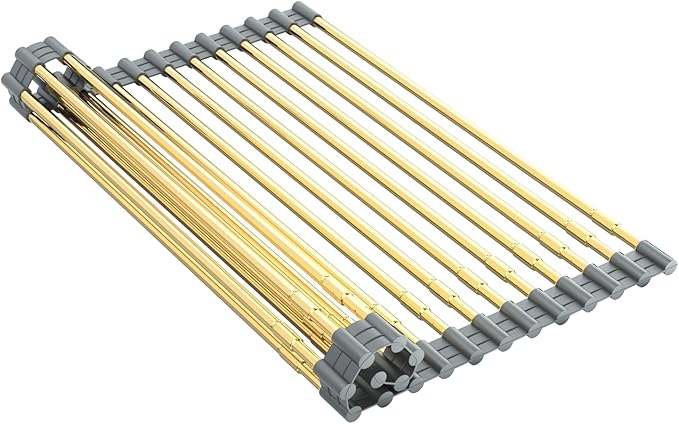 AXIMIXAME Expandable Large Draining Rack, Roll Up Heat-Resistant Dish Drainer for Stainless Steel Sinks, Collapsible Over The Sink Rack Non-Slip Silicone Rolling Up Rack Gold 18 Tube