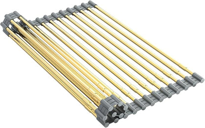 AXIMIXAME Expandable Large Draining Rack, Roll Up Heat-Resistant Dish Drainer for Stainless Steel Sinks, Collapsible Over The Sink Rack Non-Slip Silicone Rolling Up Rack Gold 18 Tube