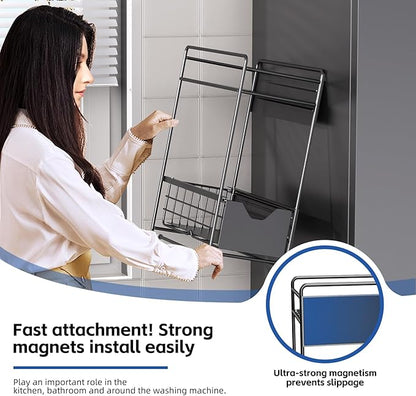 2 Tier Magnetic Shelves for Washing Machine with Pull Out Metal Drawer,Magnetic Spice Rack for Fridge,Magnetic Rack with no Installation, Versatile Storage Organizers for Home (Black, 2 Tier)