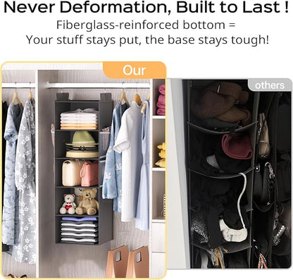 Deep Hanging Closet Organizers and Storage, Closet Hanging Storage Shelves with 5 Shelves and 4 Mesh Pockets, Heavy-Duty Closet Organizer for Clothes, Hats, and RVs and Dorm Essential,1-Pack, Grey