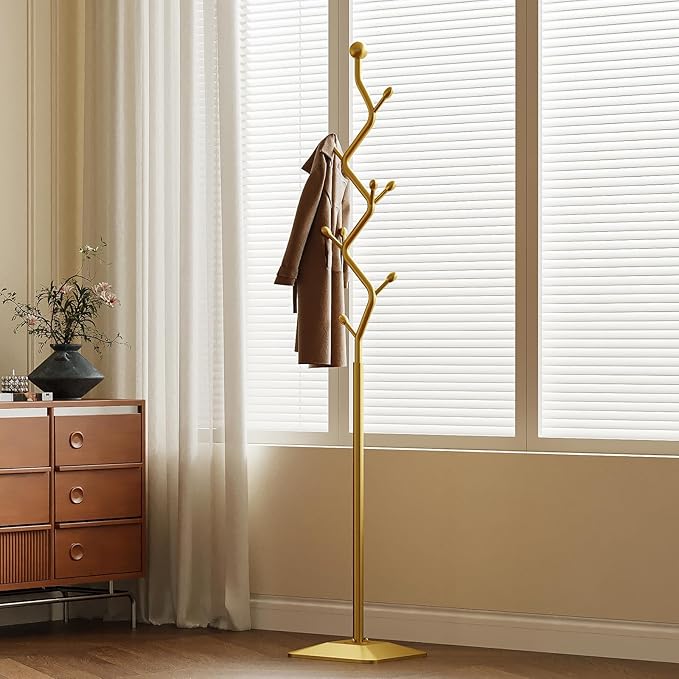 Gold coat rack,Coat Tree Freestanding heavy duty with 8 Hooks and Sturdy Metal Base for Coat Hats Purses,Tree-shaped Coat Stand for Entryway,Bedroom