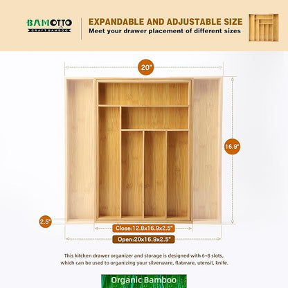 Expandable Bamboo Drawer Organizer – Large 20"x16.9" Size with Adjustable Dividers – for Kitchen Utensils, Knives, Cutlery, Flatware & Silverware Storage Tray