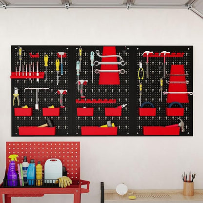 Goplus Pegboard Wall Organizer, 9-Bin Parts Rack Organizer w/Hammer Racks, Tool Holders & Hooks, Heavy-Duty Utility Tool Storage Board w/Accessories for Garage, Workshop, Craft Room