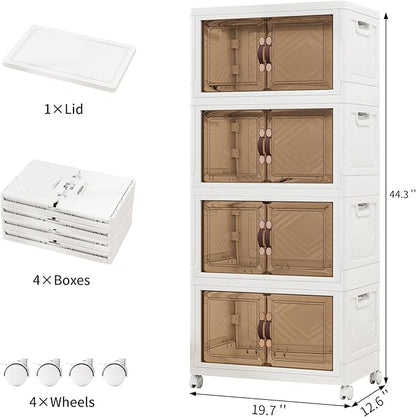 Vavkorkula Storage Bins with Lids and Wheels, 180QT-45QT*4Tier Collapsible Bathroom Storage Cabinet with Clear Doors, Plastic Stackable Closet Organizers and Containers White