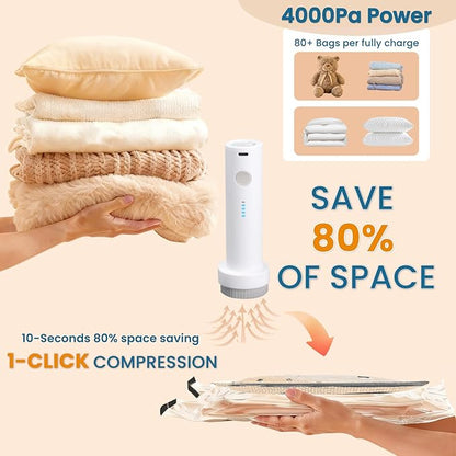 Vacuum Bags for Travel with Rechargeable Electric Pump, 12 PCS (4S,4M,4L) Storage Bags Vacuum Sealed, Space Saver Bags Carry-on Size Compression Packing Bags for Luggage and Suitcase