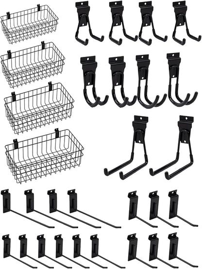 Slatwall Accessories 30 Pcs Slatwall Hook Slat Wall Hanging Hook Garage, Slat Wall Accessory Includes 4 Pack Slatwall Baskets Set and 26 PCS Multisized Heavy Duty Slatwall Hooks