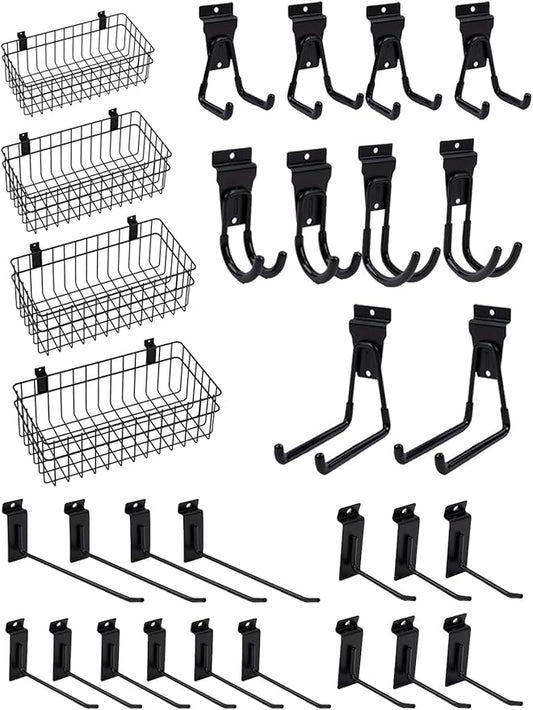 Slatwall Accessories 30 Pcs Slatwall Hook Slat Wall Hanging Hook Garage, Slat Wall Accessory Includes 4 Pack Slatwall Baskets Set and 26 PCS Multisized Heavy Duty Slatwall Hooks