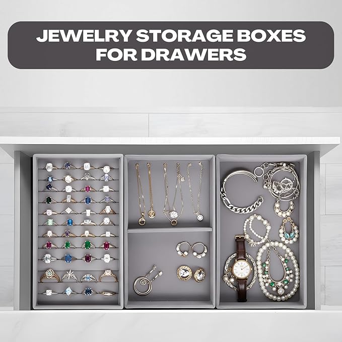 Landical 16 Pcs Stackable Jewelry Organizer for Drawer Velvet Jewelry Tray with Dividers Earring Holder & Ring Display Box Fits 8.4 x 5 x 1 Drawer Necklace Storage for Women, Girls,16 Styles (Grey)